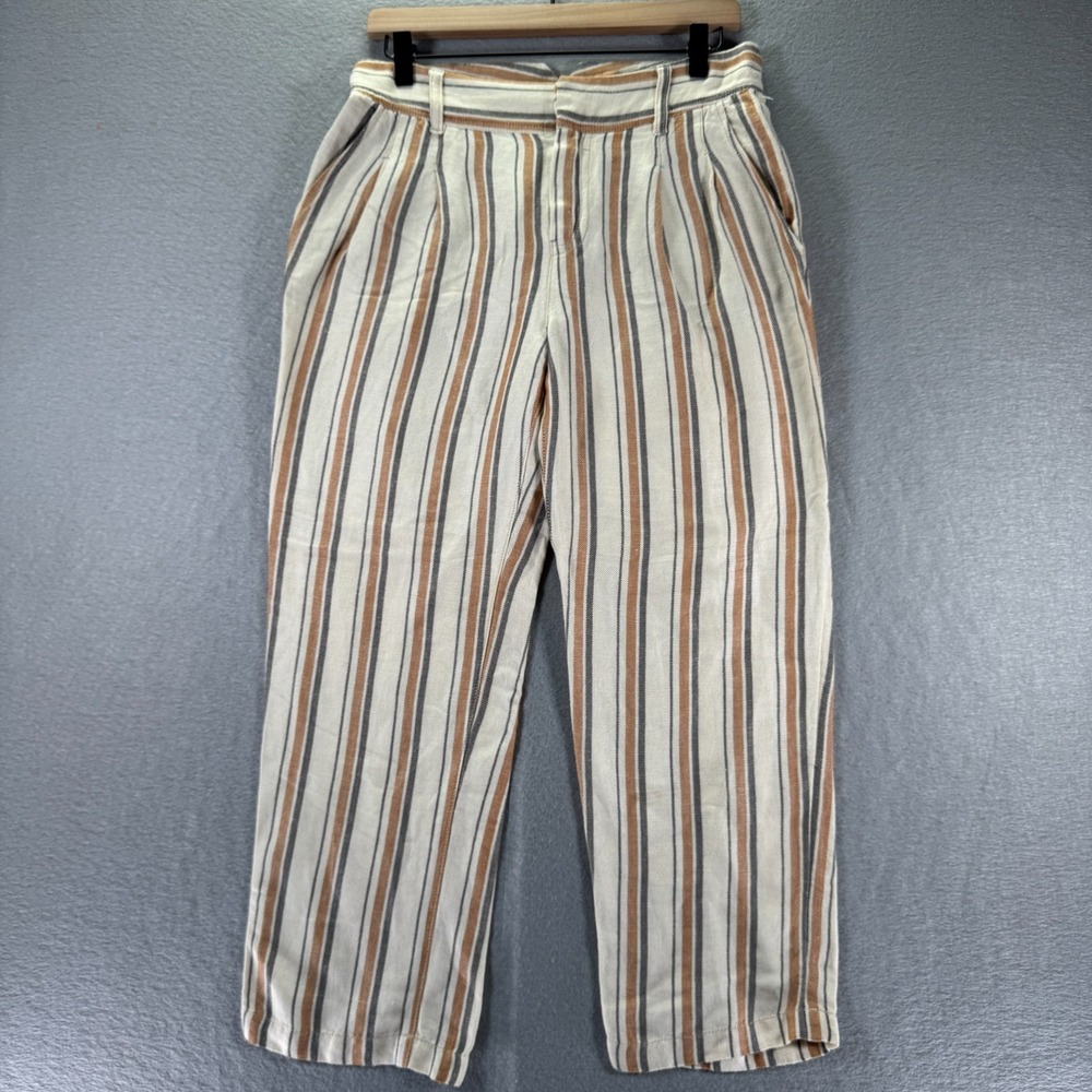 Free People Linen Pants Womens 2 Beige Stripe Straight Cropped Beach Lightweight